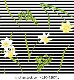 Floral seamless pattern, background with spring flowers. On black-and-white stripes background. Vector illustration without gradients and transparency.