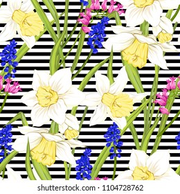 Floral seamless pattern, background with spring flowers. On black-and-white stripes background. Vector illustration without gradients and transparency.