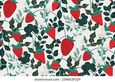 Floral seamless pattern background with strawberries, leaves, flowers on a white background  for fashion textiles, graphics, backgrounds and crafts. Abstract floral berry seamless pattern. Vector.