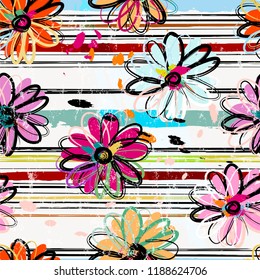floral seamless pattern background, with stripes, paint strokes and splashes