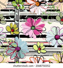 floral seamless pattern background, with stripes, paint strokes and splashes