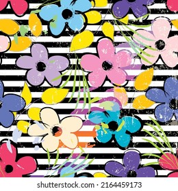 floral seamless pattern background, with stripes, leaves, strokes and splashes, black and white