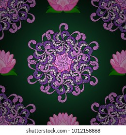 Floral seamless pattern background, with strokes and splashes, summer flowers. Flowers on blue, green and pink colors. Vector illustration.
