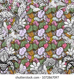 Floral seamless pattern background, with strokes and splashes, summer flowers. Flowers on black, white, neutral and gray colors. Vector illustration.
