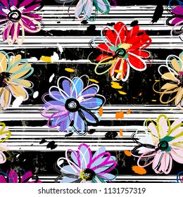 floral seamless pattern background, with strokes and splashes, black and white