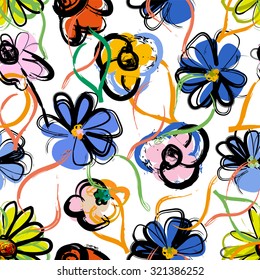 floral seamless pattern background, with strokes, spring flowers