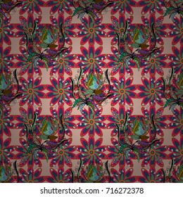 Floral seamless pattern background, with strokes and splashes, summer flowers. Flowers on magenta, blue and beige colors. Vector illustration.