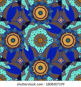 Floral seamless pattern background, summer flowers. Flat Flower Elements Design. Colour Spring Theme seamless pattern Background. Flowers on neutral, brown and blue colors.