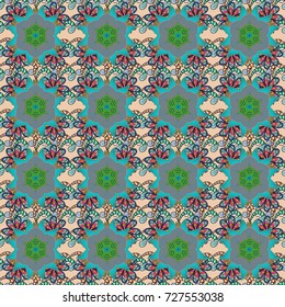 Floral seamless pattern background, summer flowers. Colour Spring Theme seamless pattern Background. Flat Flower Elements Design. Flowers on neutral, beige and blue colors.