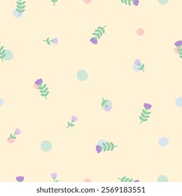 Floral seamless pattern background with tulip and polka dots. Pastel flowers trendy colors for print, stationery, wrapping, textile, wallpaper, card, background, paper gift, scarf, phone case.