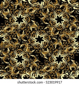 Floral seamless pattern background wallpaper illustration with vintage decorative gold  flowers leaves and ornaments. Vector endless elegant flowery texture.
