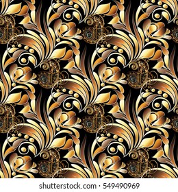 Floral seamless pattern background wallpaper illustration with vintage hand drawn gold 3d paisley flowers leaves and ornaments.Ornate vector decor elements with shadows and highlights.