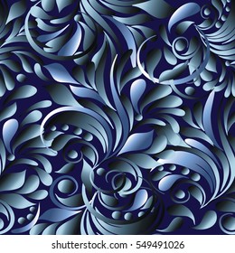 Floral seamless pattern background wallpaper illustration with vintage hand drawn light blue 3d paisley flowers leaves and shiny ornaments.Ornate vector decor elements with shadows and highlights.