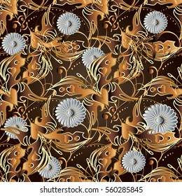 Floral seamless pattern background wallpaper with vintage decorative abstract  butterflies,3d white flowers and modern curl gold ornaments.Luxury endless fabric texture.Vector illustration. 