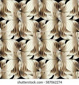 Floral seamless pattern background wallpaper illustration with 3d abstract gold flowers. Flourish  surface vector texture for fabric, textile, curtains.