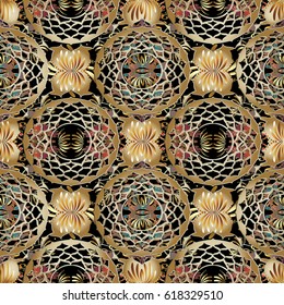 Floral  seamless pattern background wallpaper illustration with vintage 3d flowers, leaves, radial circles  and  flourish gold ornaments. Vector surface texture.