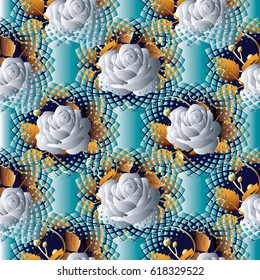 Floral seamless pattern background wallpaper with vintage white 3d roses flowers, leaves, floral ornaments.Vector surface 3d texture for fabric, prints, wallpapers, textile, cards, bed linens,curtains