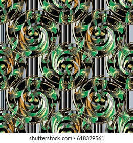 Floral seamless pattern background wallpaper  with vintage 3d flowers, leaves and  floral  striped ornaments.Vector surface 3d texture for fabric, prints, wallpapers, textile,, bed linens, curtains.