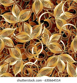 Floral  seamless pattern background wallpaper illustration with vintage  3d gold  flowers, swirl curve leaves and abstract beautiful ornaments. Vector surface  texture for fabric, prints.