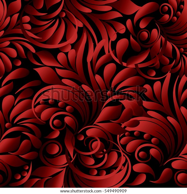 ビンテージ手描きの赤い3dペイズリーの花の葉と高級な装飾を持つ 花柄のシームレスなパターンの壁紙イラスト シャドウとハイライトを持つ 装飾的なベクターデコールエレメント のベクター画像素材 ロイヤリティフリー