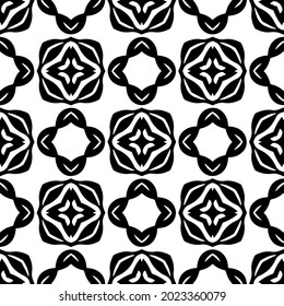
Blumenmuster nahtloser Hintergrund.Geometrisches Ornament für Bildschirmhintergründe und Hintergründe. Schwarz-Weiß-Muster.