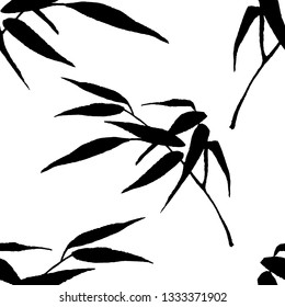 Floral seamless pattern with bamboo brunch in hand drawn sketch style. Vector illustration. Line art. Graphics. Nature silhouette. 