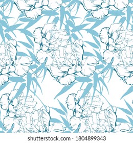 Floral seamless pattern with bamboo leaves and peonies. Hand drawn sketch style. Line Art. Vector background. For invitation, greeting cards, textile, paper, wallpaper and wrapping