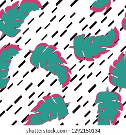 Floral seamless pattern with banana leaves. Green and pink banana leaves. Line Background. Tropical pattern with banana leaves.