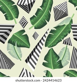 Floral seamless pattern with banana leaves. abstract 3D geometric shapes tropical background