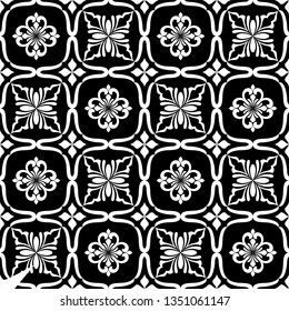 Floral seamless pattern with baroque style ornament. Modern stylish texture. Black and white. Repeating vector background.