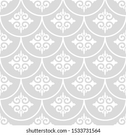 Floral seamless pattern with baroque style ornament. Modern stylish texture. Gray and white. Repeating vector background.