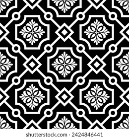Patrón floral sin costuras con adorno de estilo barroco. Textura moderna y elegante. Blanco y negro. Vector de fondo repetitivo.