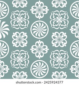 Floral seamless pattern with baroque style ornament. Modern stylish texture. Green and white. Repeating vector background.