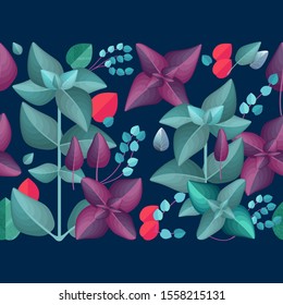 Floral seamless pattern with basil leaves in the form of a strip. Delicate colorful plants. Endless texture with aromatic herbs on a deep blue. Vector background. Design for textile, wrapping.