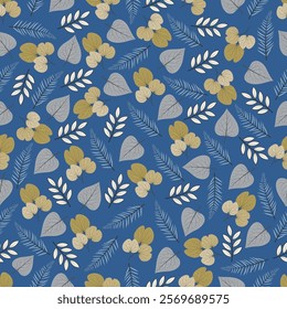 Floral seamless pattern of bauhinia, lilac and palm leaves. Allover print foliage surface design on light navy blue color background. 