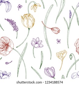 Floral seamless pattern with beautiful blooming garden flowers drawn with colored contour lines on white background. Realistic natural vector illustration for fabric print, wrapping paper, wallpaper.