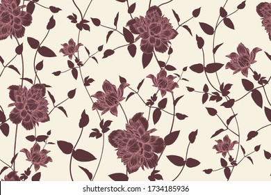 Floral seamless pattern. Beautiful blooming garden flowers clematis and decorative branches. Vector illustration. Hand drawing. Vintage. Background for paper, wallpaper, summer textile