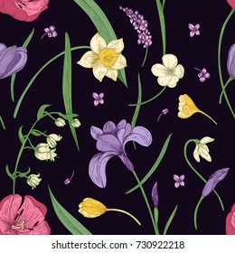 Floral seamless pattern with beautiful blooming spring flowers hand drawn in antique style on black background. Botanical vector illustration for textile print, wallpaper, wrapping paper, backdrop.