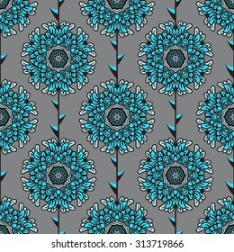 Floral seamless pattern with beautiful blue graphic flowers on gray background