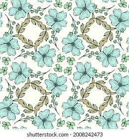 Patrón floral sin fisuras. Hermosa textura botánica repetida con ramas, hojas y flores para impresión, tela, textil, papel pintado en colores suaves. Ilustración de tinta dibujada a mano en estilo de arte de línea.