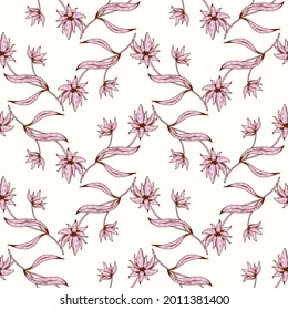 Patrón floral sin fisuras. Hermosa textura botánica repetida con ramas, hojas y flores para impresión, tela, textil, papel pintado en colores suaves. Ilustración de tinta dibujada a mano en estilo de arte de línea.