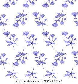 Floral seamless pattern. Beautiful botanical repeat texture with branches, leaves and flowers for print, fabric, textile, wallpaper in soft colors. Hand drawn ink illustration in line art style.