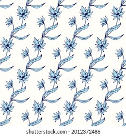 Patrón floral sin fisuras. Hermosa textura botánica repetida con ramas, hojas y flores para impresión, tela, textil, papel pintado en colores suaves. Ilustración de tinta dibujada a mano en estilo de arte de línea.