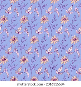 Patrón floral sin fisuras. Hermosa textura botánica repetida con ramas, hojas y flores para impresión, tela, textil, papel pintado en colores suaves. Ilustración de tinta dibujada a mano en estilo de arte de línea.