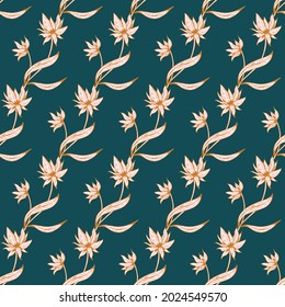 Floral seamless pattern. Beautiful botanical repeat texture with branches, leaves and flowers for print, fabric, textile, wallpaper in soft colors. Hand drawn ink illustration in line art style.