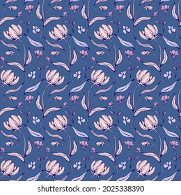 Floral seamless pattern. Beautiful botanical repeat texture with branches, leaves and flowers for print, fabric, textile, wallpaper in soft colors. Hand drawn ink illustration in line art style.
