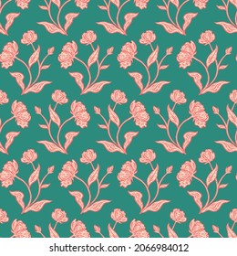 Patrón floral sin fisuras. Hermosa textura botánica repetida con ramas, hojas y flores para impresión, tela, textil, papel pintado en colores suaves. Ilustración de tinta dibujada a mano en estilo de arte de línea.