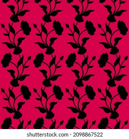 Floral seamless pattern. Beautiful botanical repeat texture with branches, leaves and flowers for print, fabric, textile, wallpaper in dramatic colors. Hand drawn illustration in line art style.