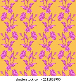 Floral seamless pattern. Beautiful botanical repeat texture with branches, leaves and flowers for print, fabric, textile, wallpaper in soft colors. Hand drawn ink illustration in line art style.