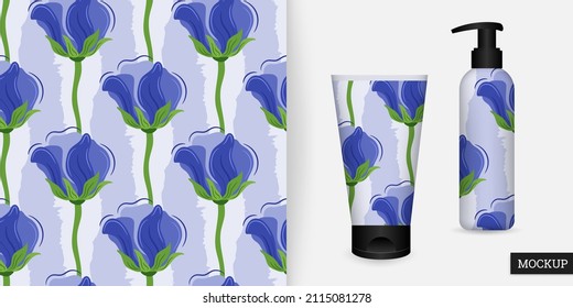 Floral seamless pattern. Beautiful botanical background with flowers. Pattern with blooming flowers. Repeating texture. Vector illustration. Design paper, wallpaper, fabric. Mockup.